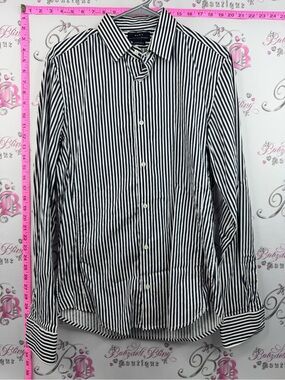 Zara super slim fit shirt navy Black and White Vertical Stripe Button-Down Shirt